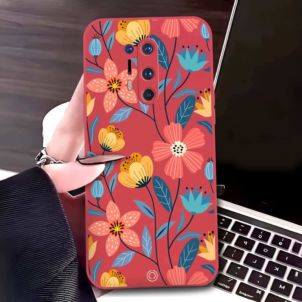 OnePlus 8 Pro Cover - Red - D2 - ONation Floral Series - HQ Liquid Silicone Soft Case