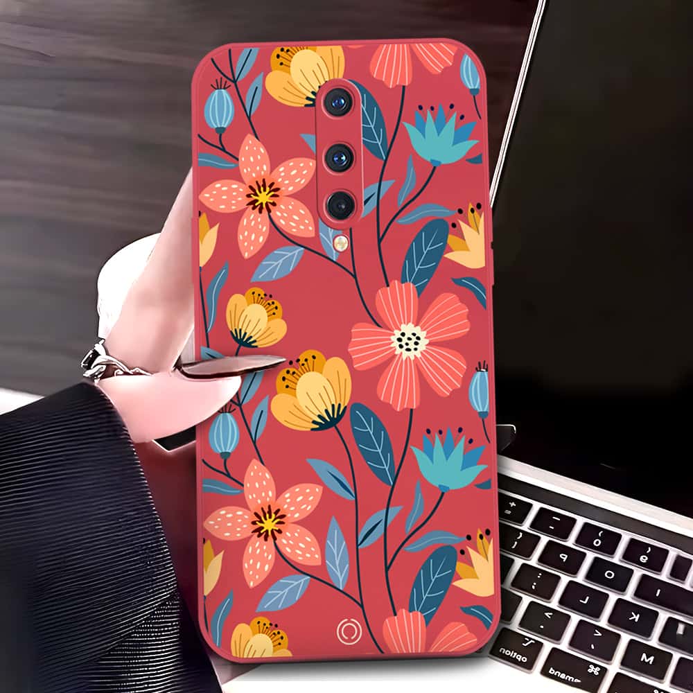 OnePlus 8 Cover - Red - D2 - ONation Floral Series - HQ Liquid Silicone Soft Case