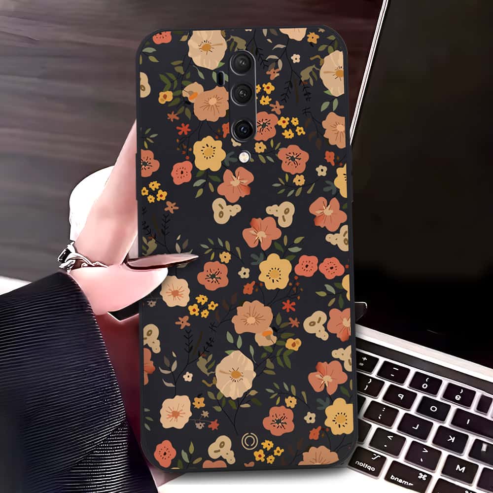 OnePlus 7T Pro Cover - Black - D3 - ONation Floral Series - HQ Liquid Silicone Soft Case