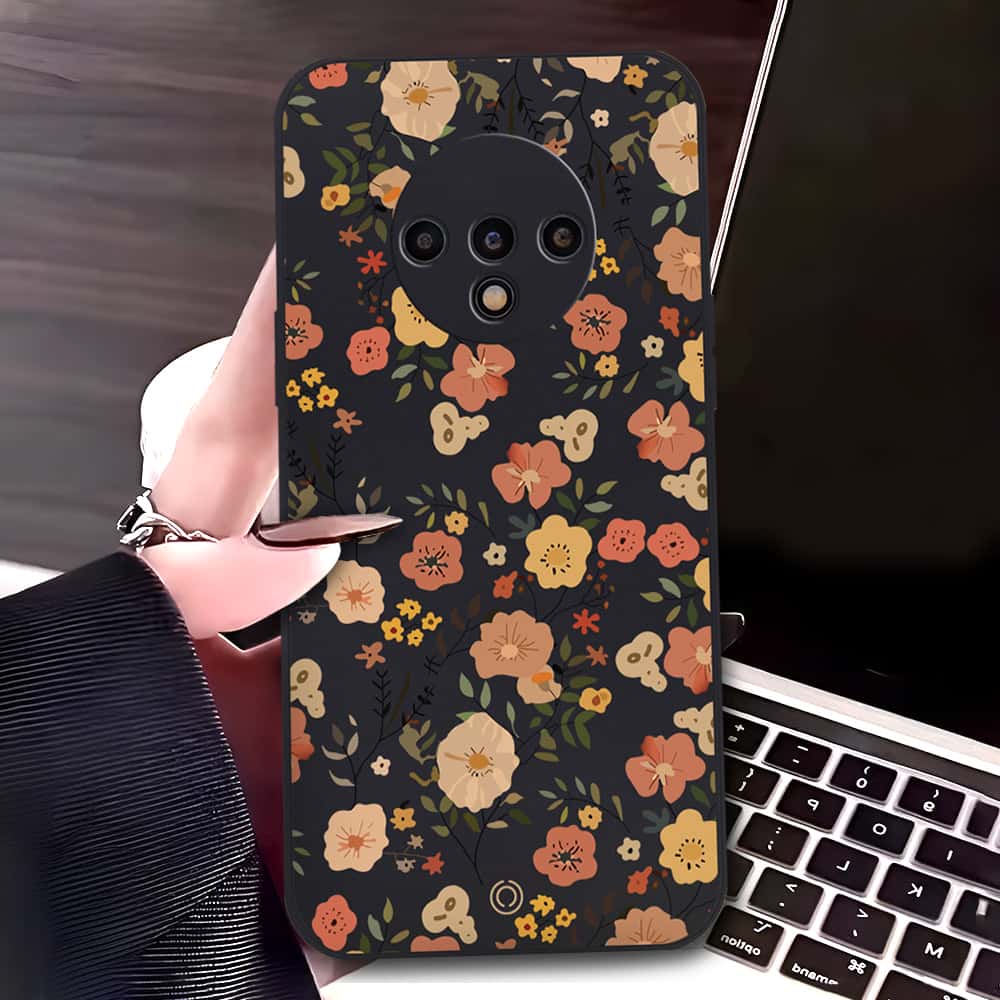 OnePlus 7T Cover - Black - D3 - ONation Floral Series - HQ Liquid Silicone Soft Case