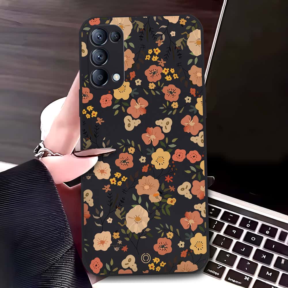 Oppo Reno 5 4G Cover - Black - D3 - ONation Floral Series - HQ Liquid Silicone Soft Case