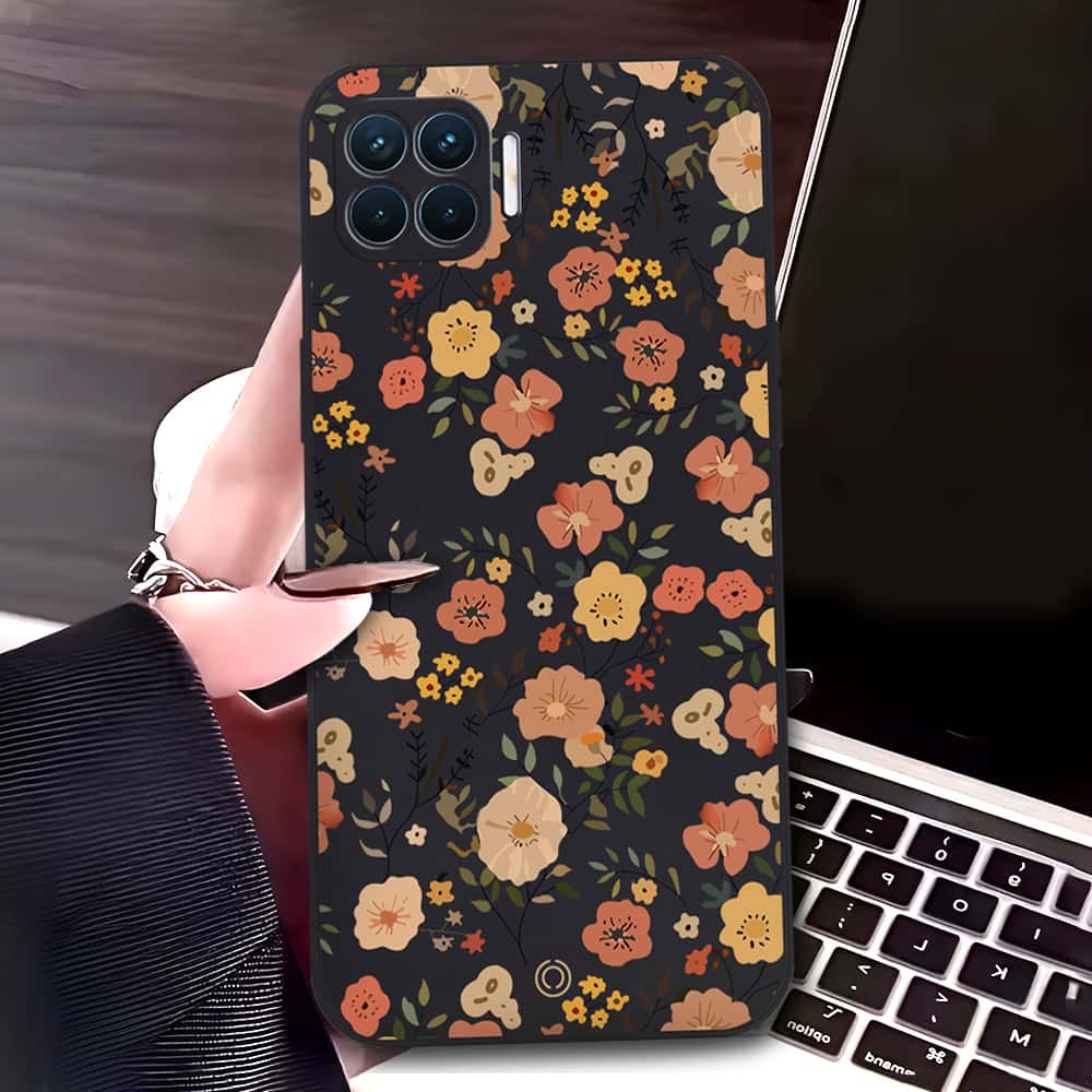 Oppo Reno4 Lite Cover - Black - D3 - ONation Floral Series - HQ Liquid Silicone Soft Case