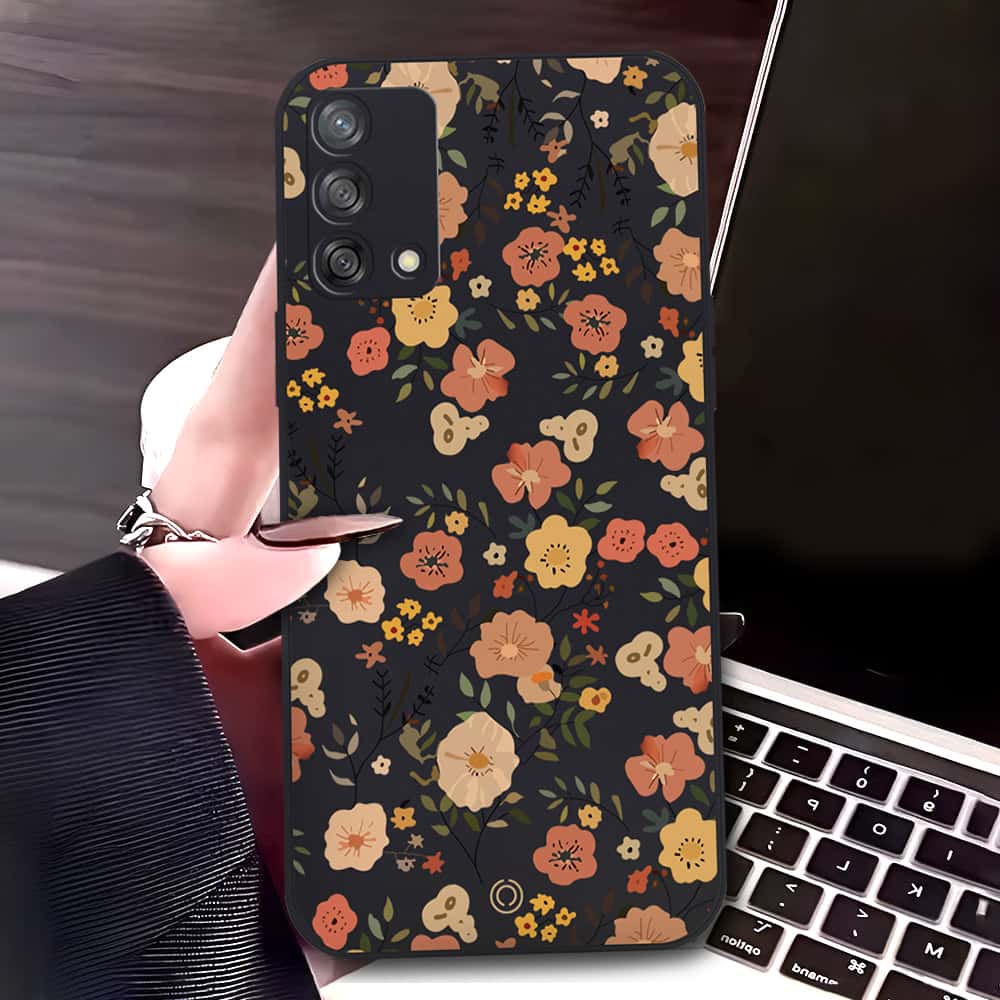 Oppo F19s Cover - Black - D3 - ONation Floral Series - HQ Liquid Silicone Soft Case