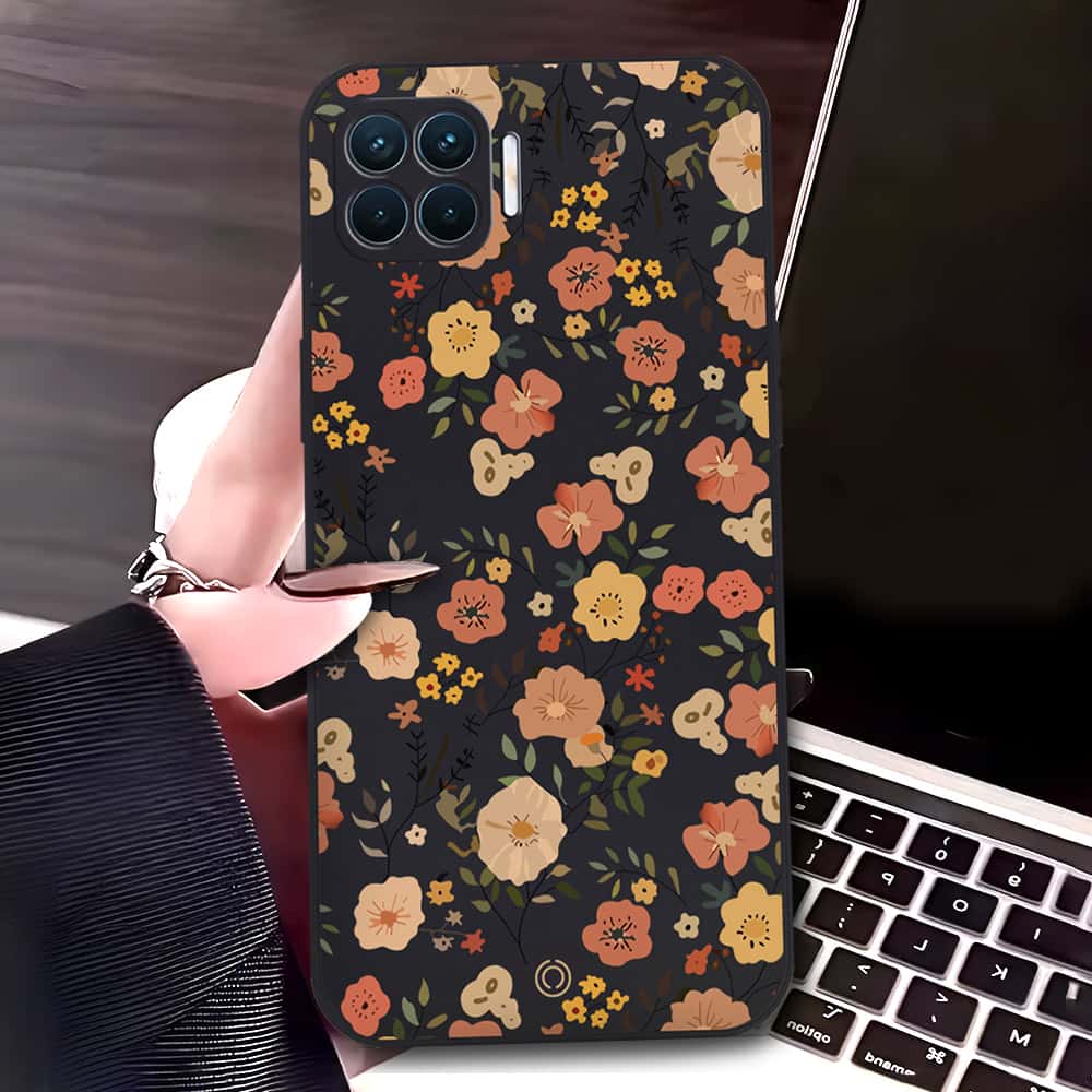 Oppo F17 Cover - Black - D3 - ONation Floral Series - HQ Liquid Silicone Soft Case