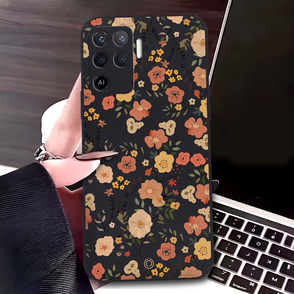 Oppo A94 Cover - Black - D3 - ONation Floral Series - HQ Liquid Silicone Soft Case