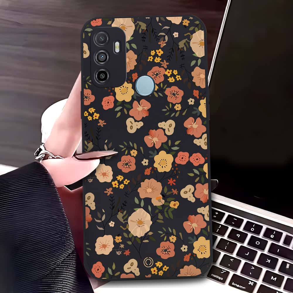 Oppo A53 Cover - Black - D3 - ONation Floral Series - HQ Liquid Silicone Soft Case
