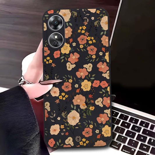Oppo A17 Cover - Black - D3 - ONation Floral Series - HQ Liquid Silicone Soft Case
