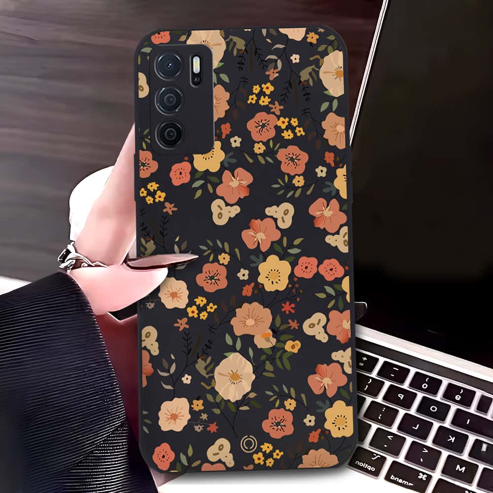 Oppo A16 Cover - Black - D3 - ONation Floral Series - HQ Liquid Silicone Soft Case