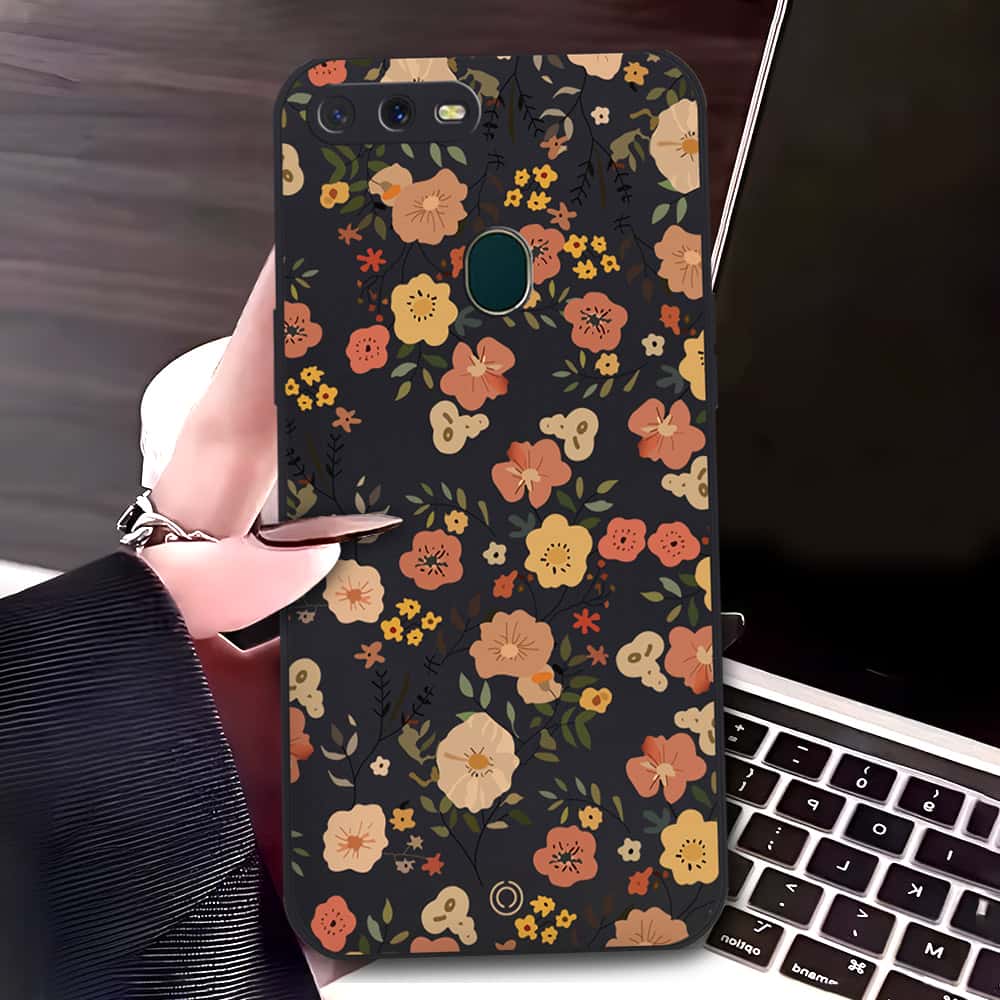 Oppo A7 Cover - Black - D3 - ONation Floral Series - HQ Liquid Silicone Soft Case