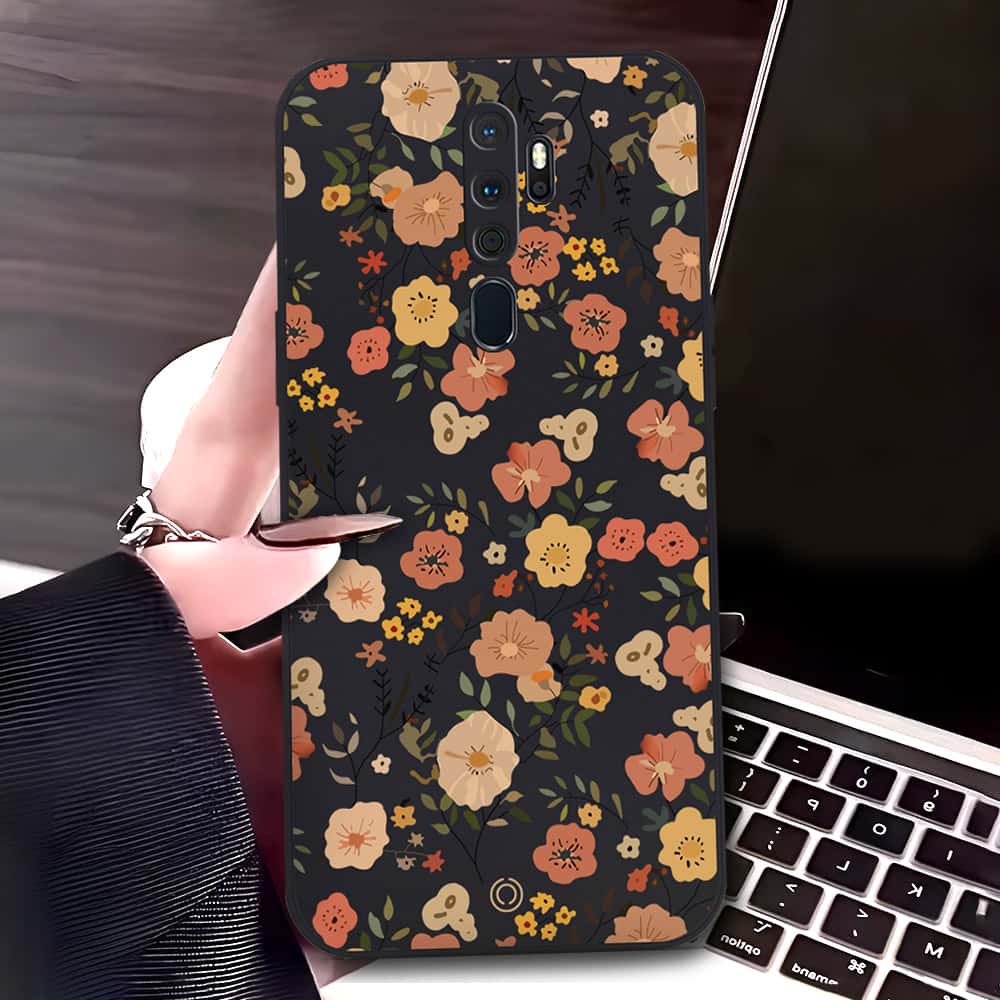 Oppo A5 2020 Cover - Black - D3 - ONation Floral Series - HQ Liquid Silicone Soft Case