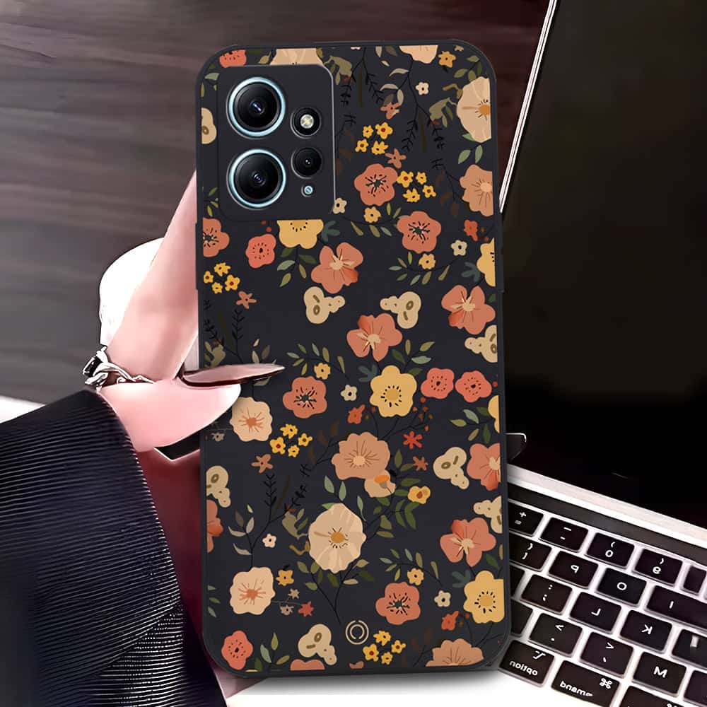 Xiaomi Redmi 12 Cover - Black - D3 - ONation Floral Series - HQ Liquid Silicone Soft Case