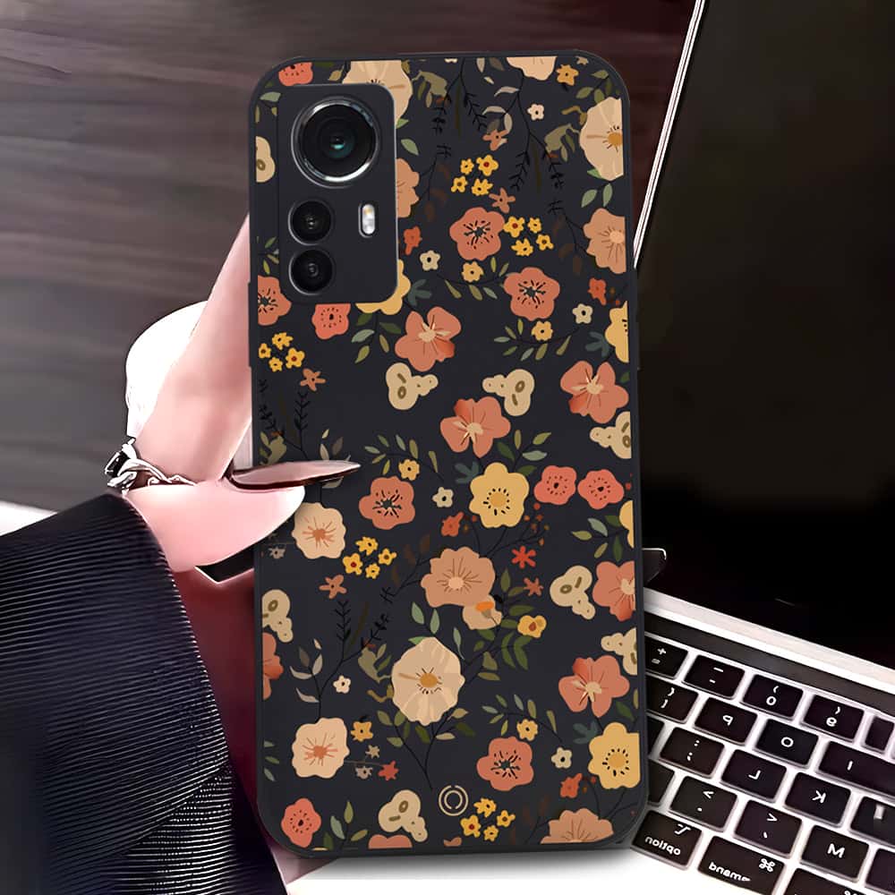Xiaomi 12 Cover - Black - D3 - ONation Floral Series - HQ Liquid Silicone Soft Case