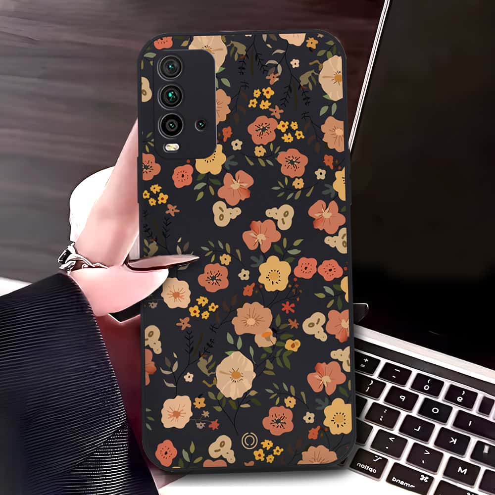 Xiaomi Redmi 9T Cover - Black - D3 - ONation Floral Series - HQ Liquid Silicone Soft Case