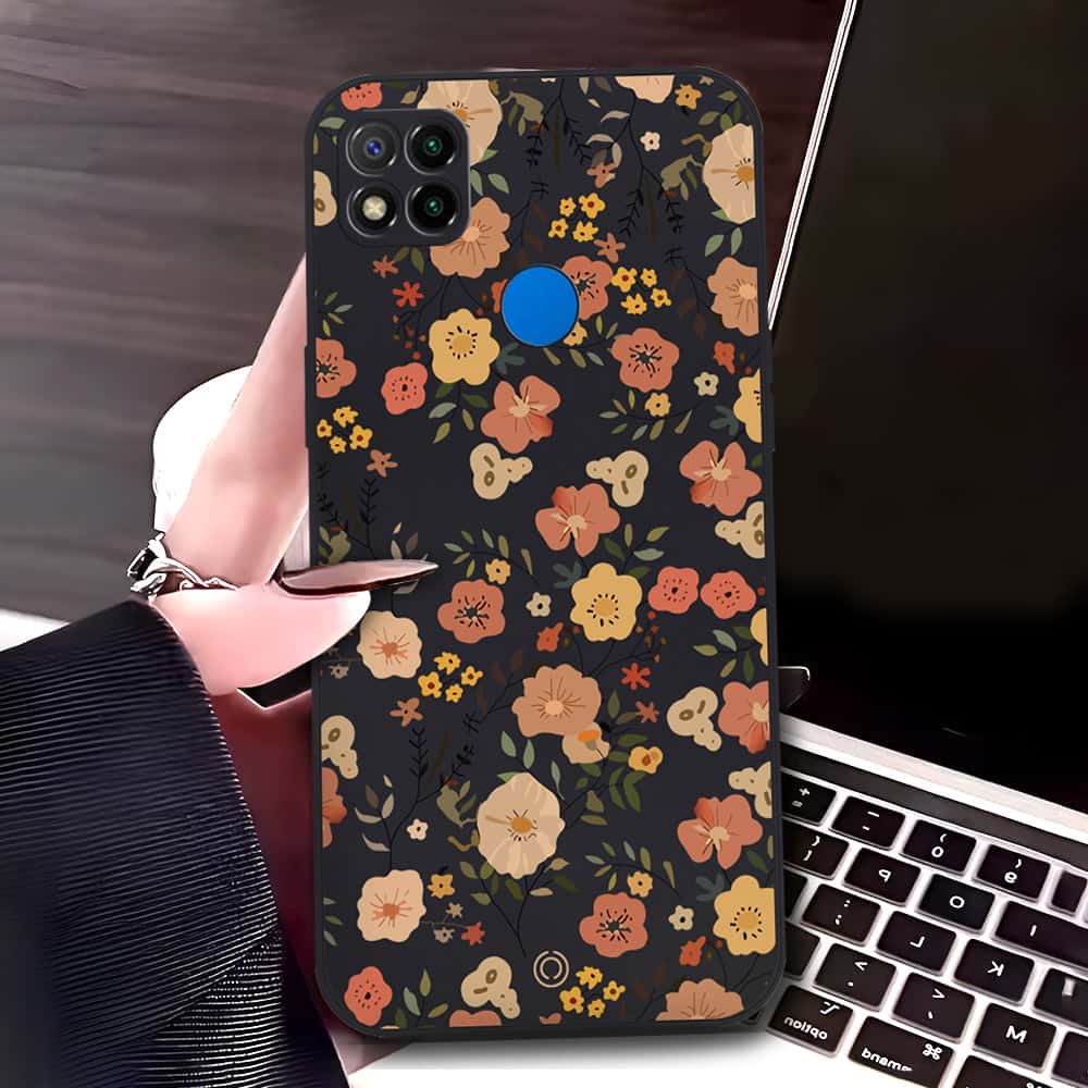 Xiaomi Redmi 9C Cover - Black - D3 - ONation Floral Series - HQ Liquid Silicone Soft Case