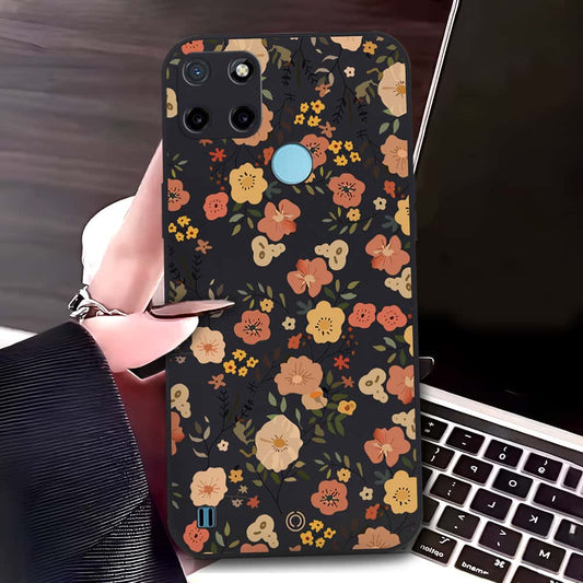 Realme C25Y Cover - Black - D3 - ONation Floral Series - HQ Liquid Silicone Soft Case