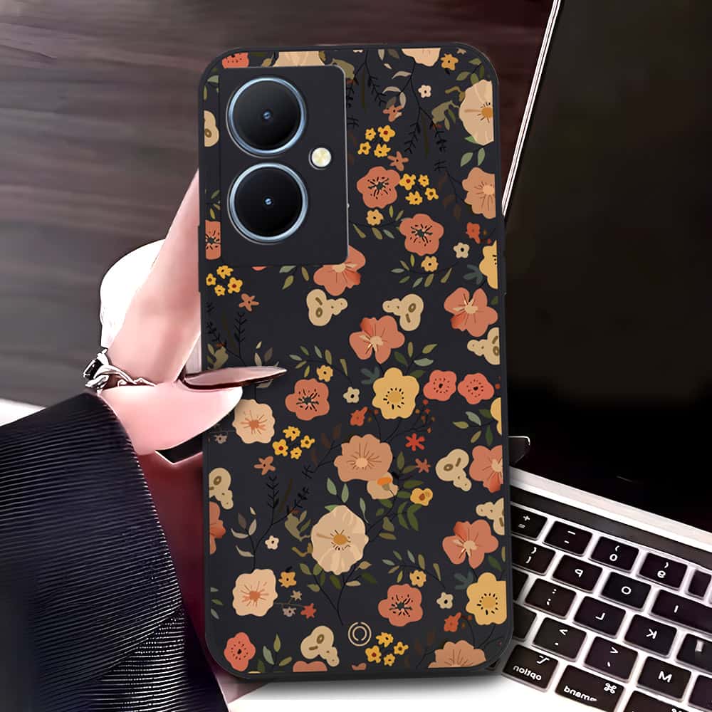Vivo Y78 Plus 5G Cover - Black - D3 - ONation Floral Series - HQ Liquid Silicone Soft Case