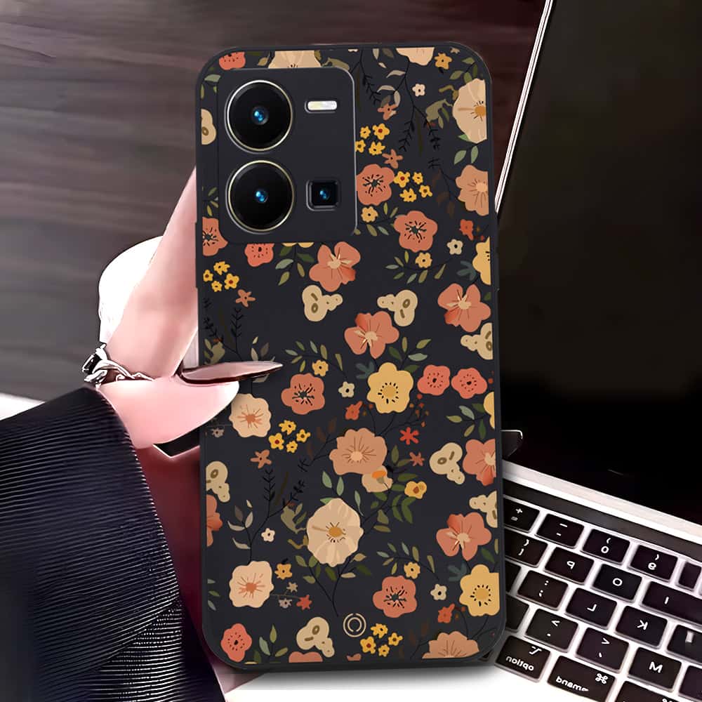 Vivo Y35 5G Cover - Black - D3 - ONation Floral Series - HQ Liquid Silicone Soft Case