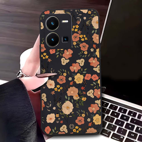 Vivo Y35 5G Cover - Black - D3 - ONation Floral Series - HQ Liquid Silicone Soft Case