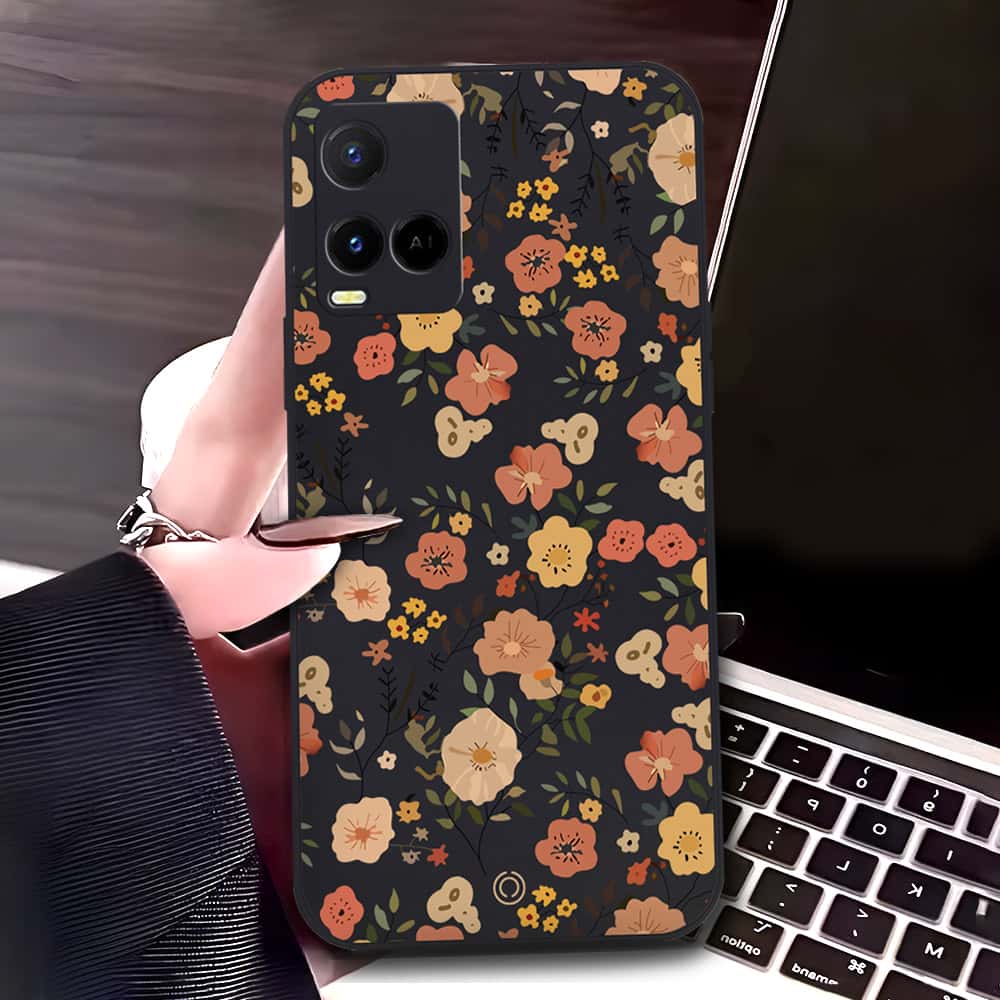 Vivo Y33t Cover - Black - D3 - ONation Floral Series - HQ Liquid Silicone Soft Case