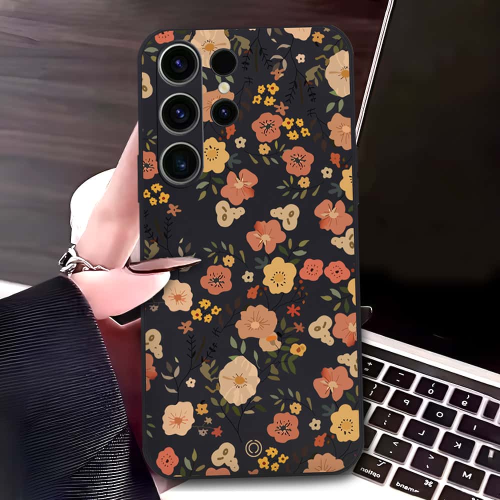 Samsung Galaxy S23 Ultra 5G Cover - Black - D3 - ONation Floral Series - HQ Liquid Silicone Soft Case