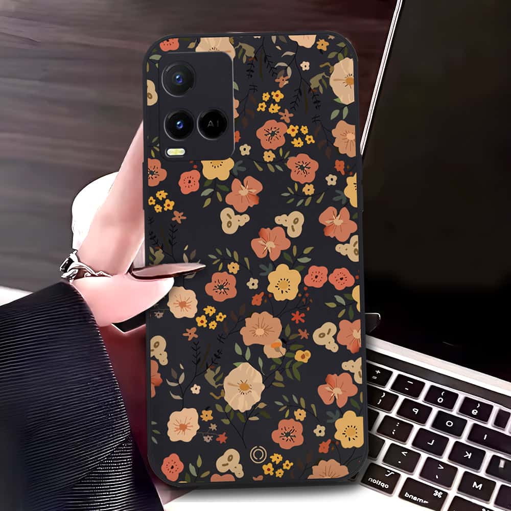 Vivo Y21 Cover - Black - D3 - ONation Floral Series - HQ Liquid Silicone Soft Case