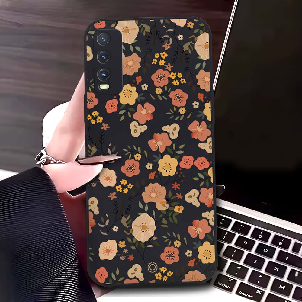 Vivo Y20T Cover - Black - D3 - ONation Floral Series - HQ Liquid Silicone Soft Case