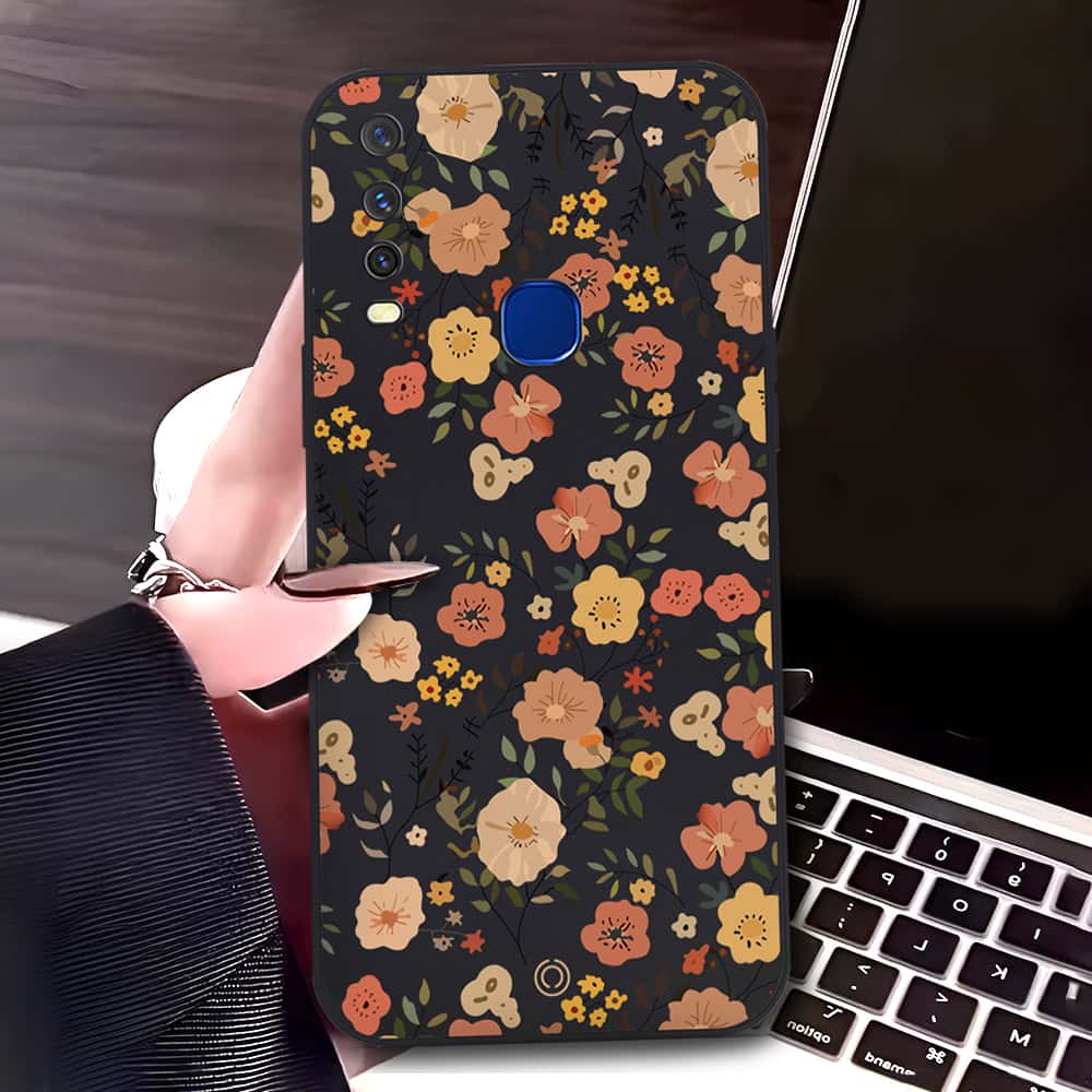 Vivo Y12a Cover - Black - D3 - ONation Floral Series - HQ Liquid Silicone Soft Case