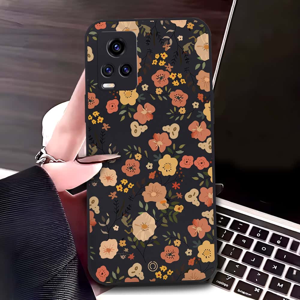Vivo V20 Cover - Black - D3 - ONation Floral Series - HQ Liquid Silicone Soft Case