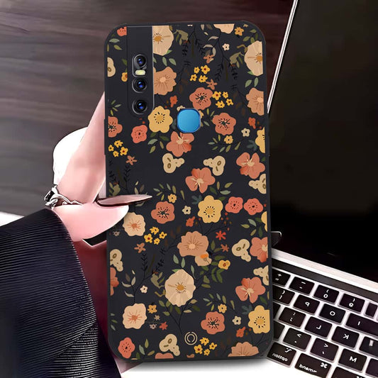 Vivo V15 Cover - Black - D3 - ONation Floral Series - HQ Liquid Silicone Soft Case