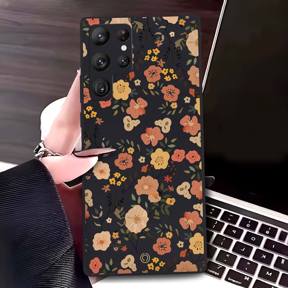 Samsung Galaxy S22 Ultra 5G Cover - Black - D3 - ONation Floral Series - HQ Liquid Silicone Soft Case