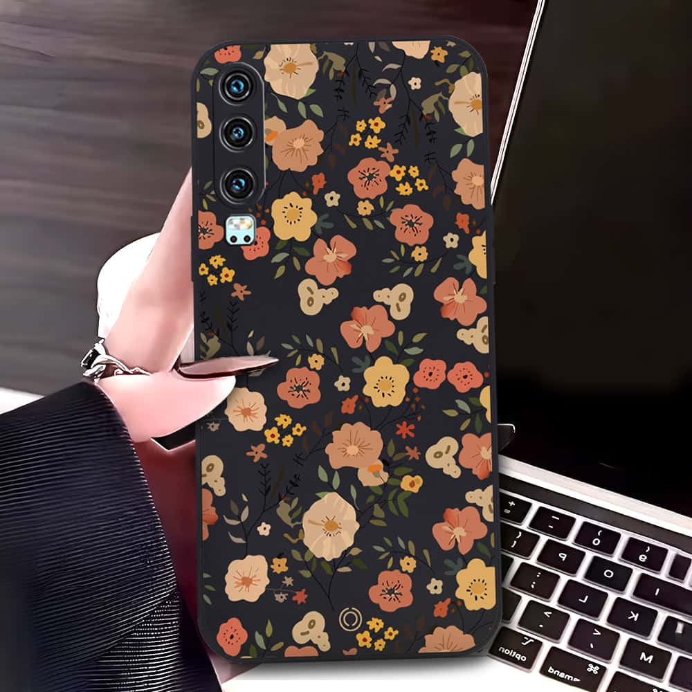 Huawei P30 Cover - Black - D3 - ONation Floral Series - HQ Liquid Silicone Soft Case