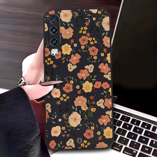 Huawei P30 Cover - Black - D3 - ONation Floral Series - HQ Liquid Silicone Soft Case