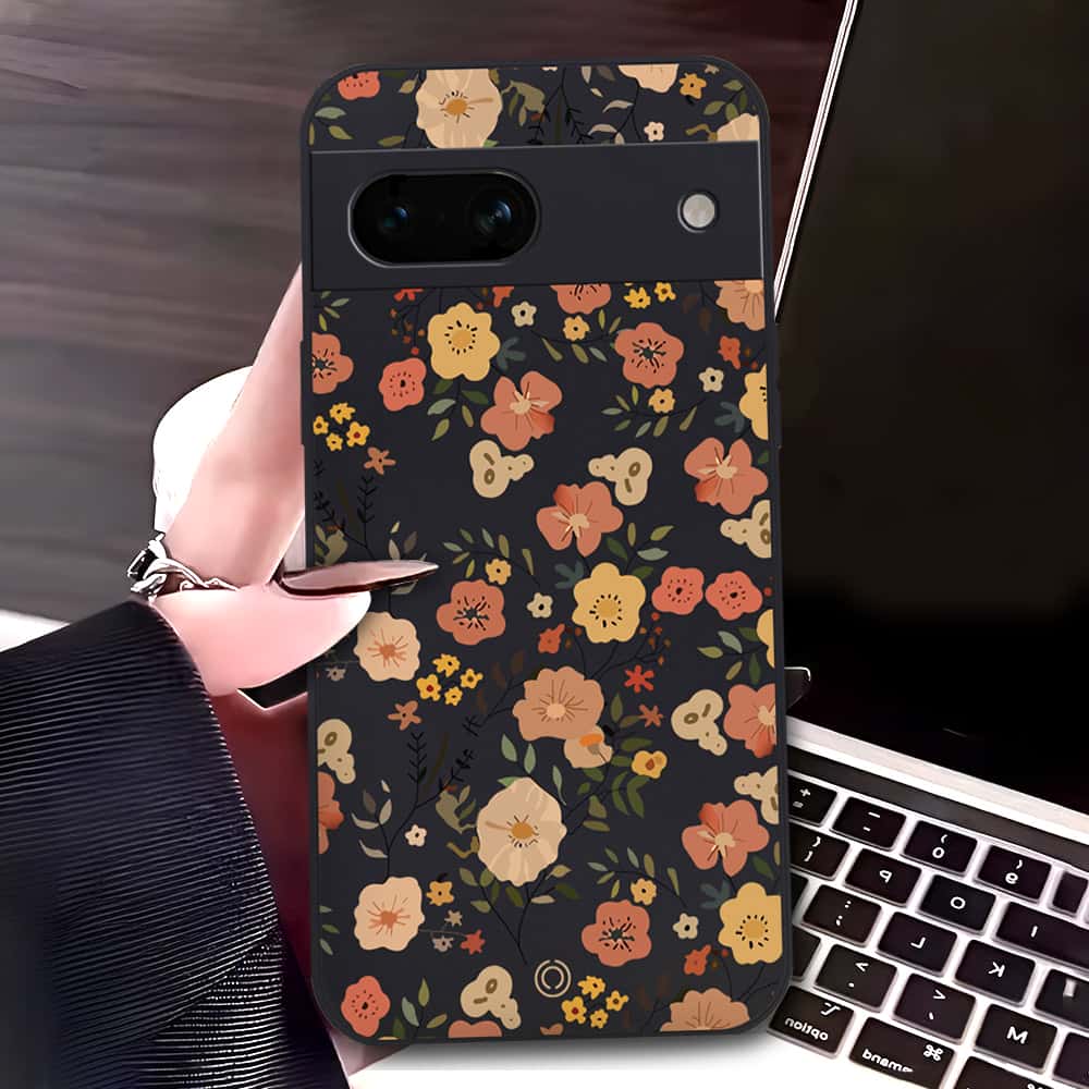 Google Pixel 7a Cover - Black - D3 - ONation Floral Series - HQ Liquid Silicone Soft Case