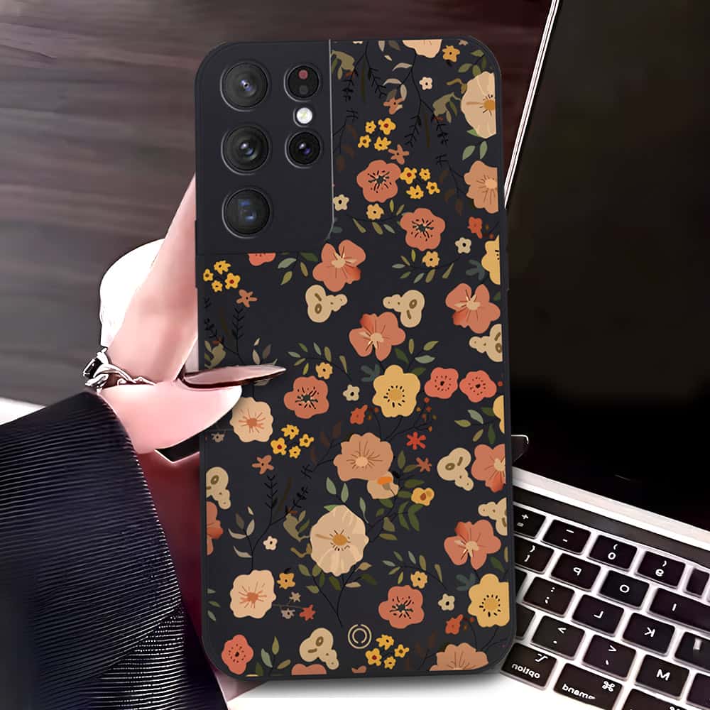 Samsung Galaxy S21 Ultra 5G Cover - Black - D3 - ONation Floral Series - HQ Liquid Silicone Soft Case