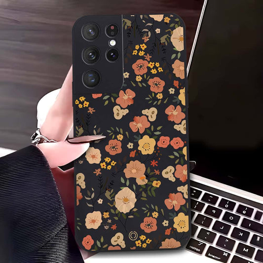 Samsung Galaxy S21 Ultra 5G Cover - Black - D3 - ONation Floral Series - HQ Liquid Silicone Soft Case