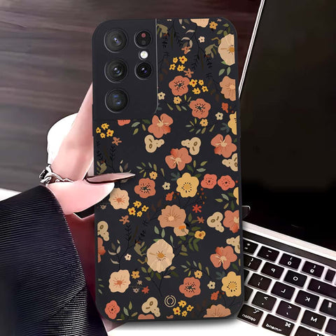 Samsung Galaxy S21 Ultra 5G Cover - Black - D3 - ONation Floral Series - HQ Liquid Silicone Soft Case