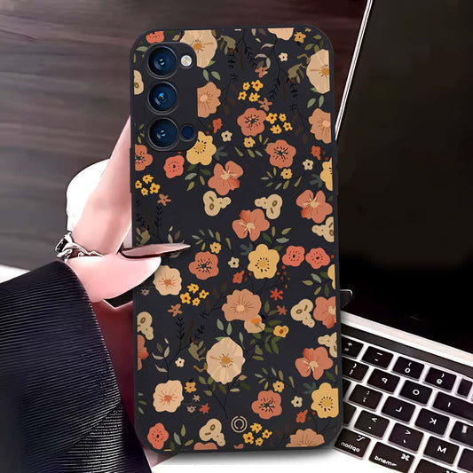 Oppo Reno 4 Cover - Black - D3 - ONation Floral Series - HQ Liquid Silicone Soft Case (Fast Delivery)(M)