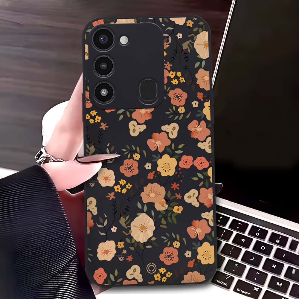 Tecno Spark Go 2022 Cover - Black - D3 - ONation Floral Series - HQ Liquid Silicone Soft Case