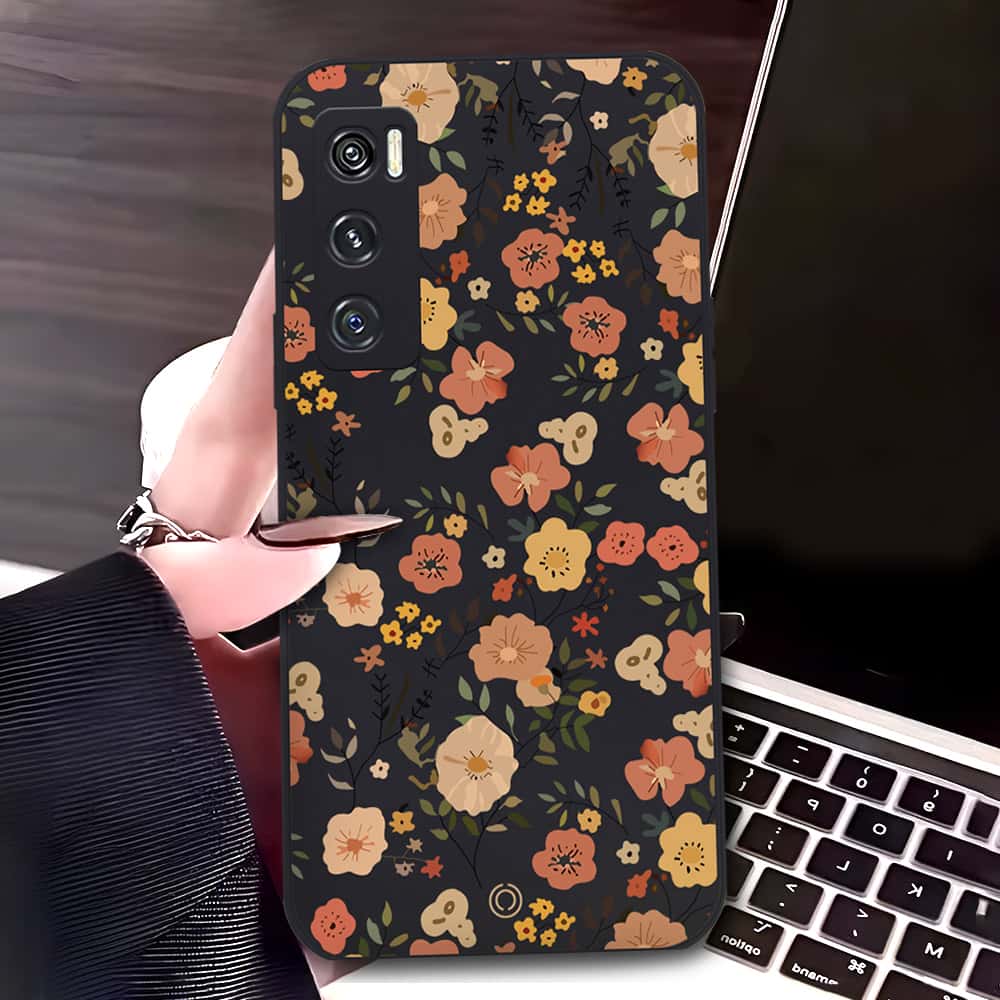 Vivo V20 SE Cover - Black - D3 - ONation Floral Series - HQ Liquid Silicone Soft Case
