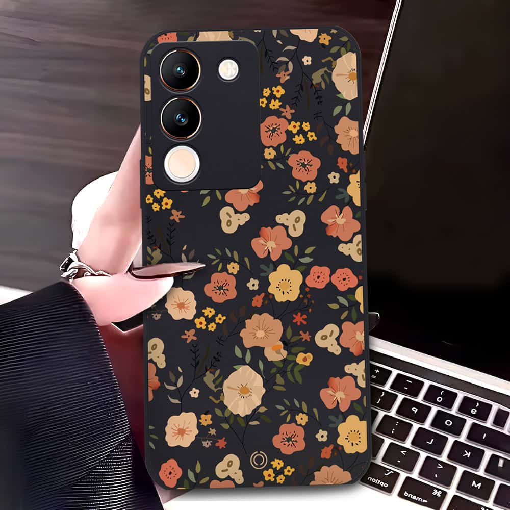 Vivo V29e Cover - Black - D3 - ONation Floral Series - HQ Liquid Silicone Soft Case