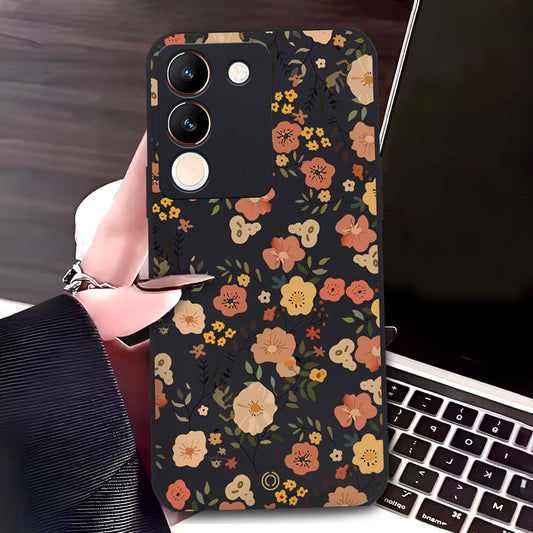 Vivo V29e Cover - Black - D3 - ONation Floral Series - HQ Liquid Silicone Soft Case