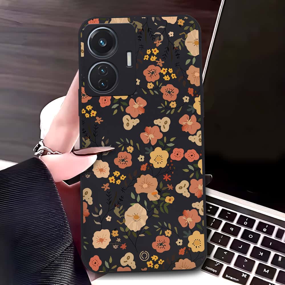 Vivo S15e Cover - Black - D3 - ONation Floral Series - HQ Liquid Silicone Soft Case