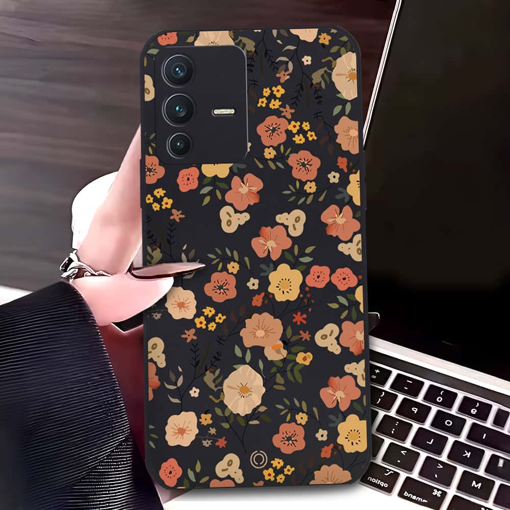 Vivo V23 5G Cover - Black - D3 - ONation Floral Series - HQ Liquid Silicone Soft Case