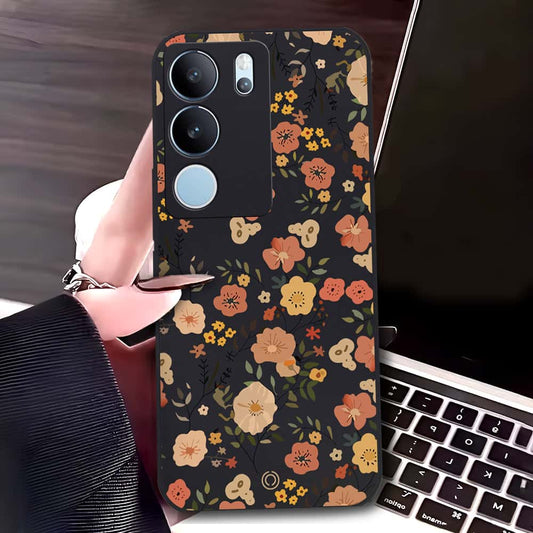 Vivo V29 Cover - Black - D3 - ONation Floral Series - HQ Liquid Silicone Soft Case