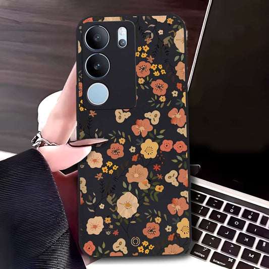 Vivo V29 Pro Cover - Black - D3 - ONation Floral Series - HQ Liquid Silicone Soft Case