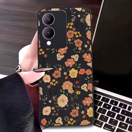 Vivo Y17s Cover - Black - D3 - ONation Floral Series - HQ Liquid Silicone Soft Case