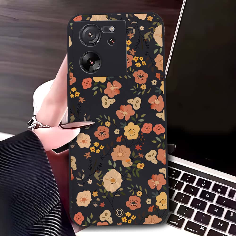 Xiaomi 13T Cover - Black - D3 - ONation Floral Series - HQ Liquid Silicone Soft Case