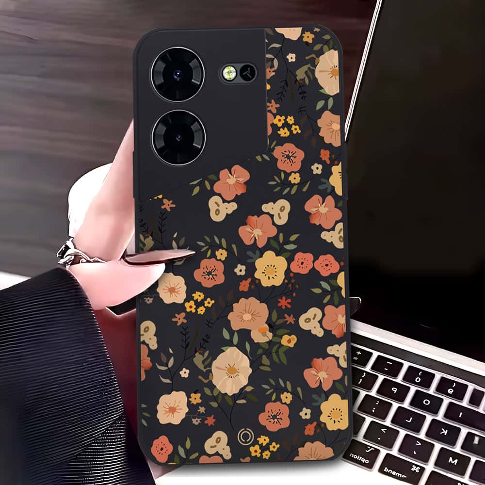Tecno Pova 5 Cover - Black - D3 - ONation Floral Series - HQ Liquid Silicone Soft Case