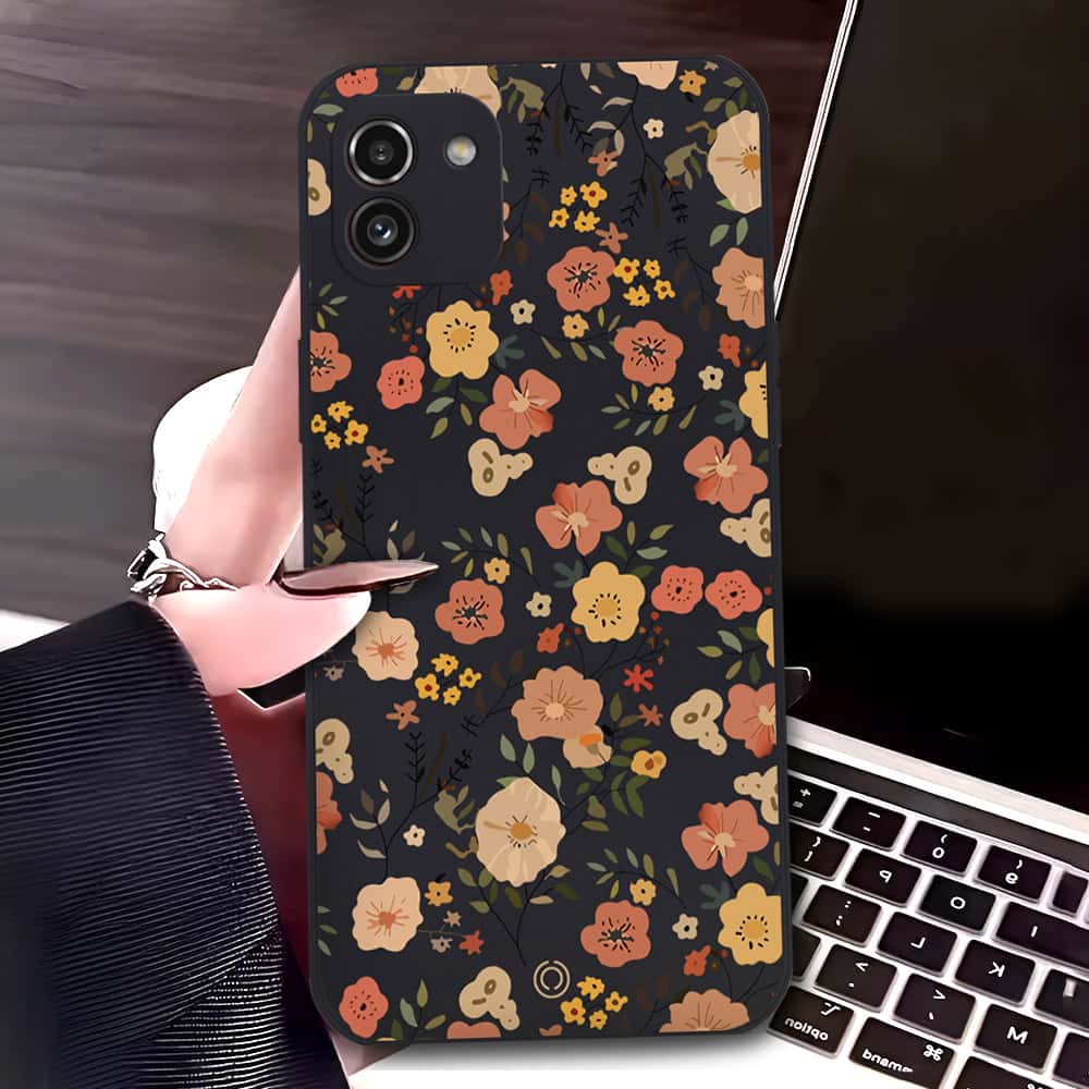 Samsung Galaxy A03 Cover - Black - D3 - ONation Floral Series - HQ Liquid Silicone Soft Case