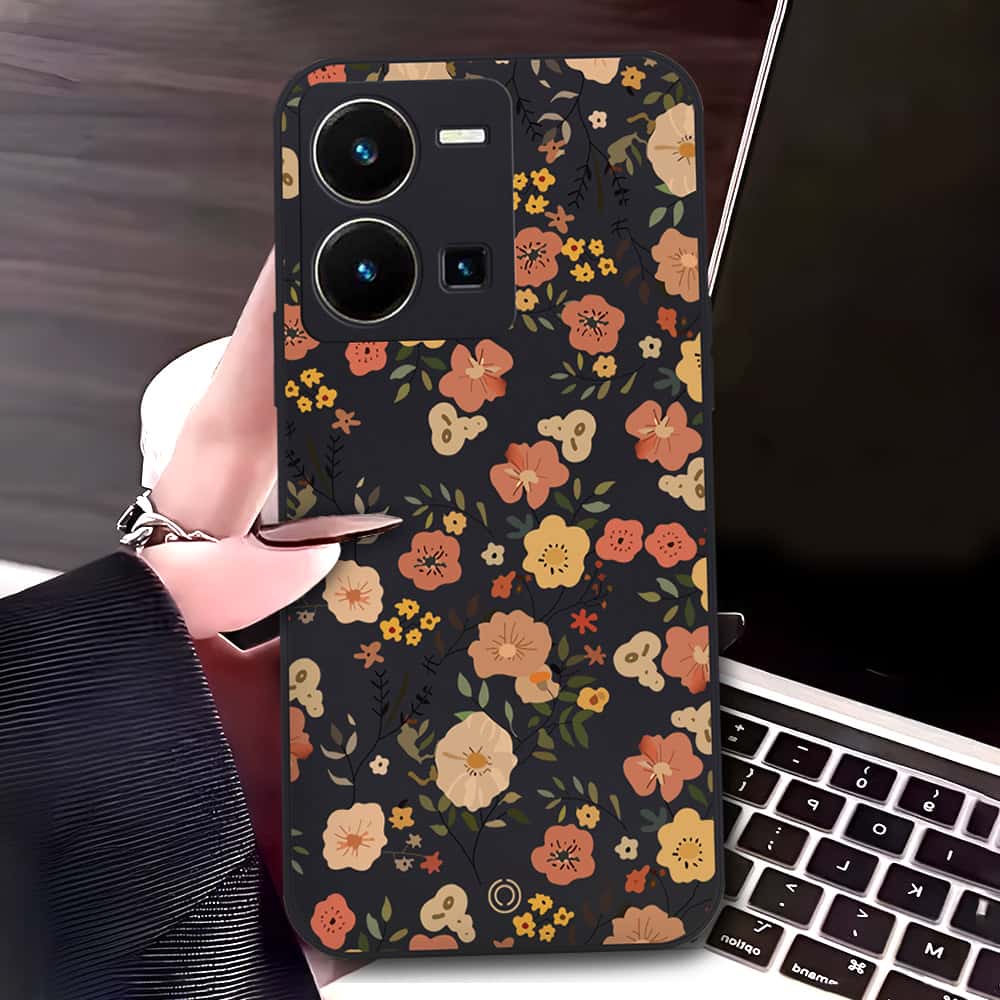 Vivo Y35 4G Cover - Black - D3 - ONation Floral Series - HQ Liquid Silicone Soft Case